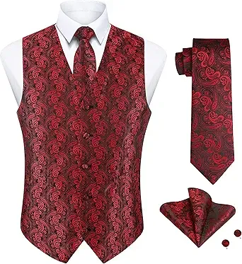 Enlision Burgundy Vest for Men Paisley Vests and Tie Handkerchief Cufflinks Set Formal Silk 4PCS Suit Dress Waistcoat Necktie Pocket Square Tuxedo Wedding