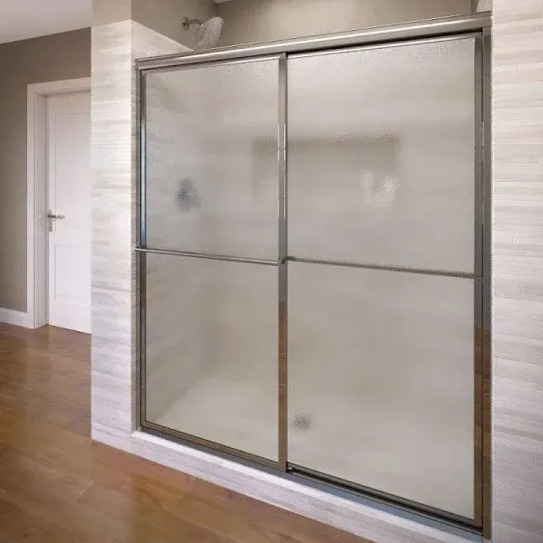 Basco Deluxe Chrome 54-in to 56-in W x 68.0-in H Framed Sliding Shower door 3/16-in Thick Frosted/Patterned Glass