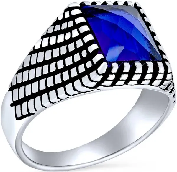 Bling Jewelry Mens Stainless Steel Blue Sapphire Signet Ring Oxidized Silver Handmade