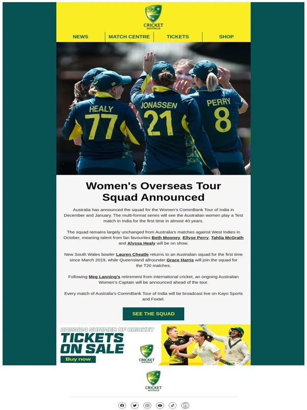 Cricket - Australian Women's Tour Of India Squad Announced