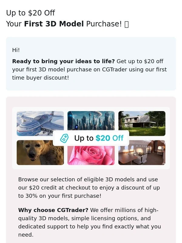 CGTrader - Up to $20 Off Your First 3D Model Purchase!