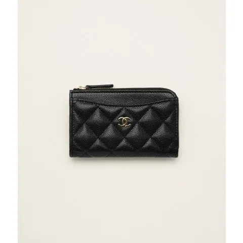 Chanel Classic Zipped Card Holder Grained Shiny Calfskin & Gold-Tone Metal Black