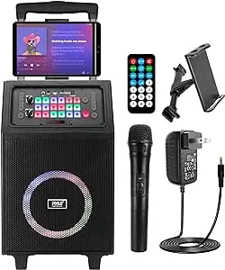 Pyle Portable Karaoke PA Speaker System – 600W 8 Rechargeable BT Speaker, TWS, Party Lights, LED Display, FM/AUX/MP3/USB/SD, Wheels – Wireless Mic, Remote Control, Tablet Holder Included – PHP18DJT