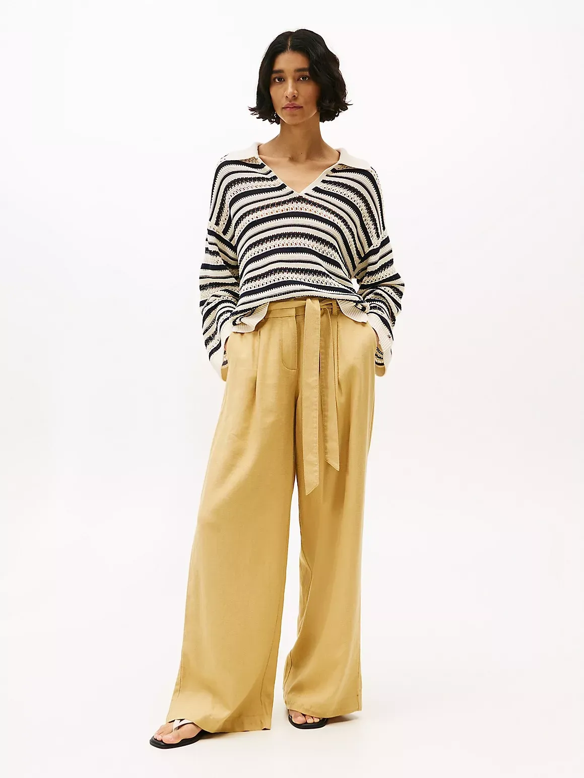 Tommy Hilfiger Women's Linen-Blend Wide-Leg Paper Bag Pant - Beige - S