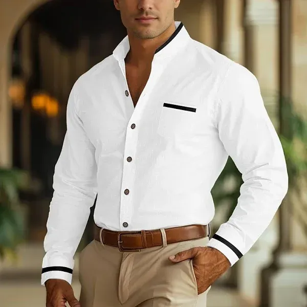 Men's Shirt Band Collar Shirt Dress Shirt Button Up Shirt Oxford Shirt Patchwork Wedding Vacation Light Blue White Navy Blue Gray Long Sleeve Standing