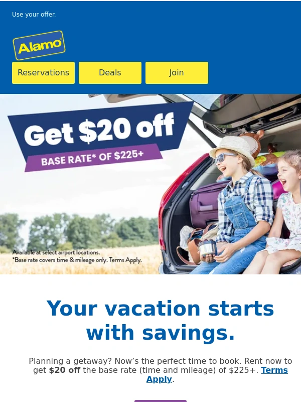Alamo - SAVE $20 Off Base Rate Now!