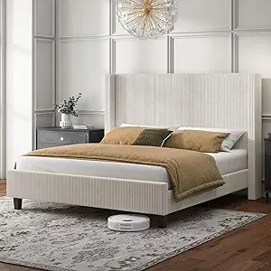 HOWE Queen Size Upholstered Platform Bed Frame, Wingback Bed with 50.8" Headboard, Corduroy/Solid Wood Leg/No Box Spring Needed/Noise Free/Cream