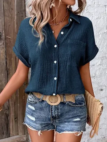 Women's Blouse V-Neck Button-Up Textured Pattern Casual Short Sleeve Summer Top Faded Blue Regular Fit Lightweight Breathable 2025 - $34.99