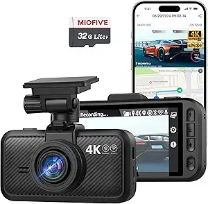 Miofive Car Camera 4K Resolution, WiFi, Bluetooth, GPS Dash Cam, 3-Inch IPS Screen, Night Vision, Loop Recording, HDR, App Control, and Supports Up