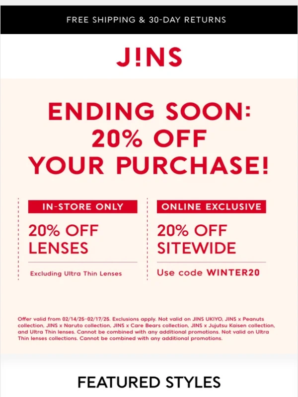 Jins - Ending soon: 20% off your purchase!