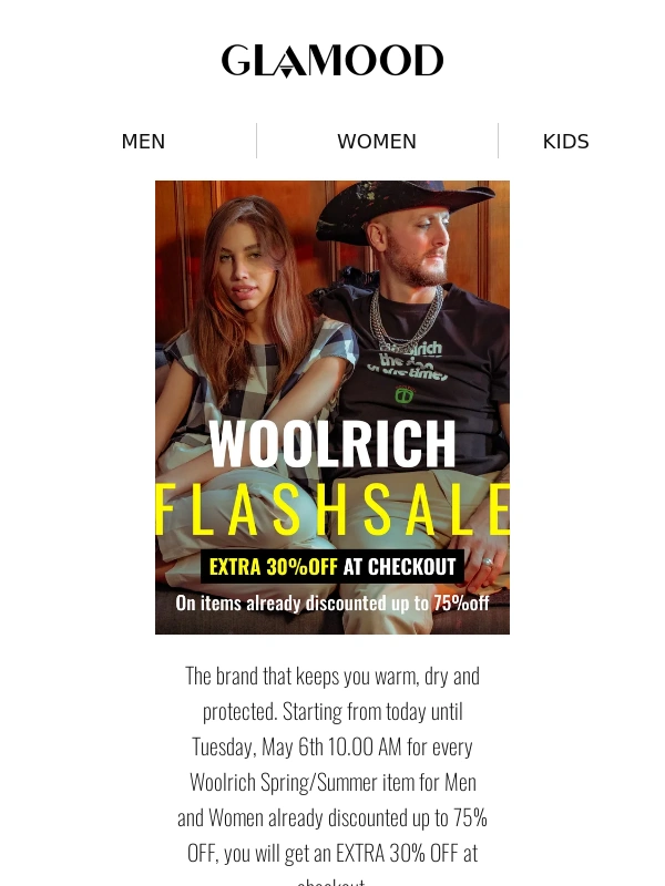 GLAMOOD - WOOLRICH Flash Sale: EXTRA 30% OFF at checkout!