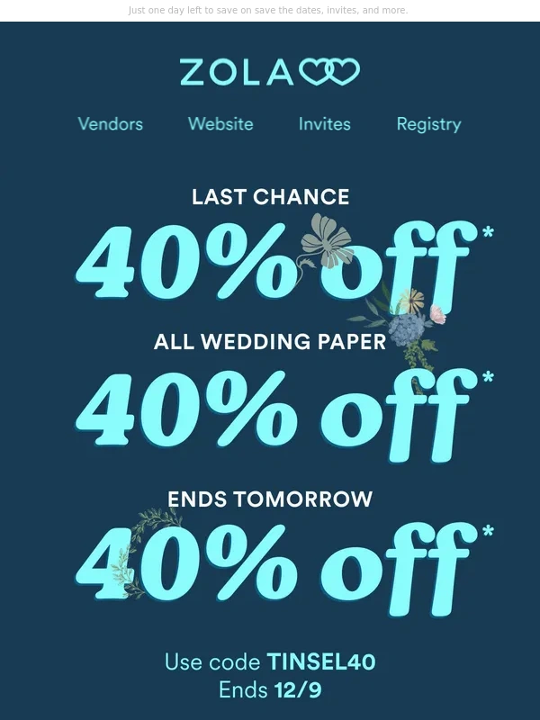 Zola - LAST CHANCE: 40% off all paper ends tomorrow