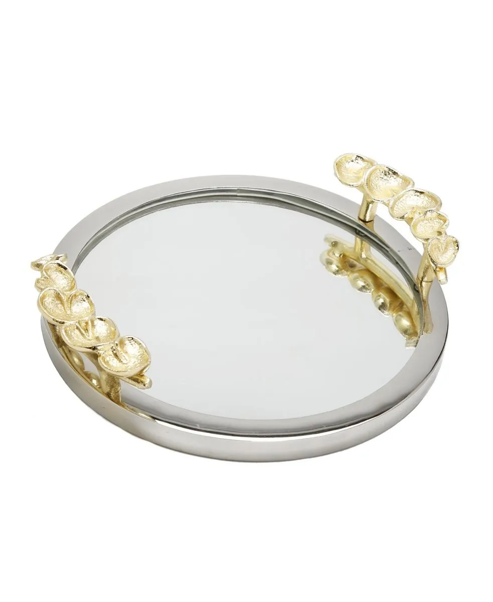 Classic Touch Mirror Tray Border Leaf Design on Handle, 16"" x 2"" - Silver and Gold