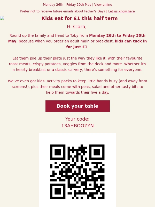 Toby Carvery - Kids meals for less this half term,! ?