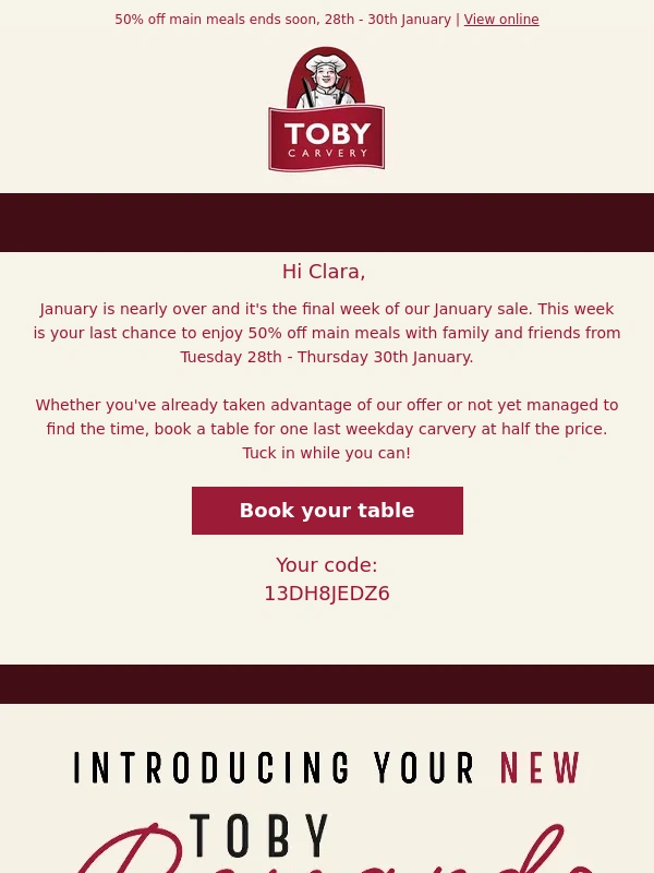 Toby Carvery - Last chance to get 50% off mains at Toby!