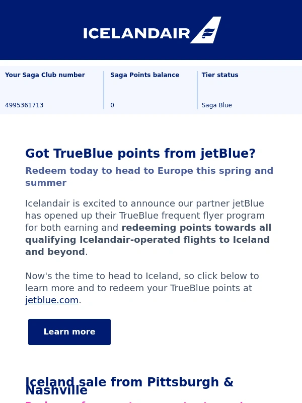 Icelandair - New! Redeem jetBlue TrueBlue points towards flights on Icelandair!
