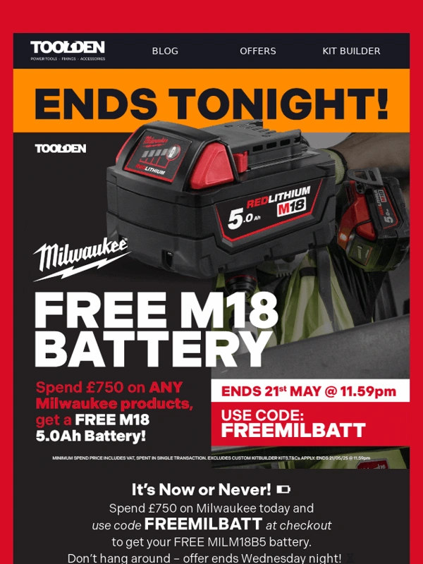 Toolden - Your Free Milwaukee Battery Offer Ends Tonight! ⏰