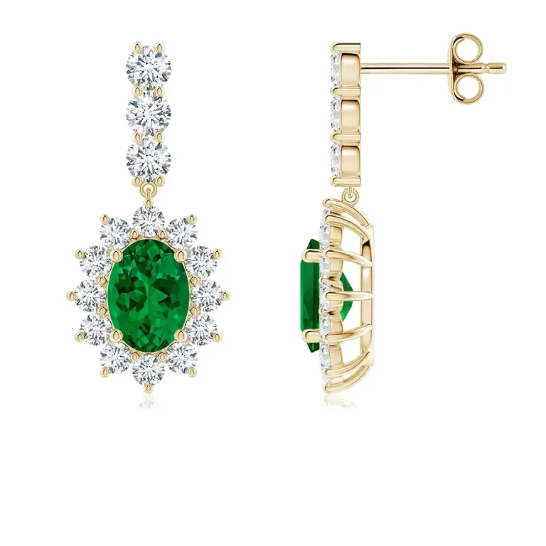 Oval Lab-Grown Emerald Floral Halo Dangle Earrings
