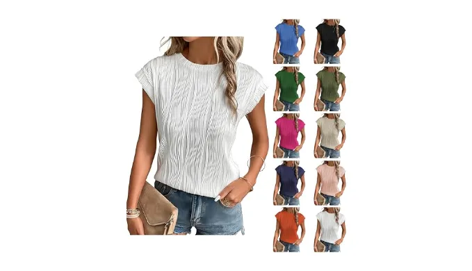 Womens Short Sleeve Shirts Dressy Casual Solid Crewneck Textured Shirt Loose Lightweight Tops Tees Work Blouses 2025 White
