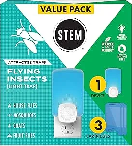 STEM Light Trap: Indoor Fruit Fly Trap, Effective Insect Control for Home, Attracts and Traps Flying Insects, Emits Soft Blue Light, Starter Kit with 1 Plug-in Device and 3 Cartridges