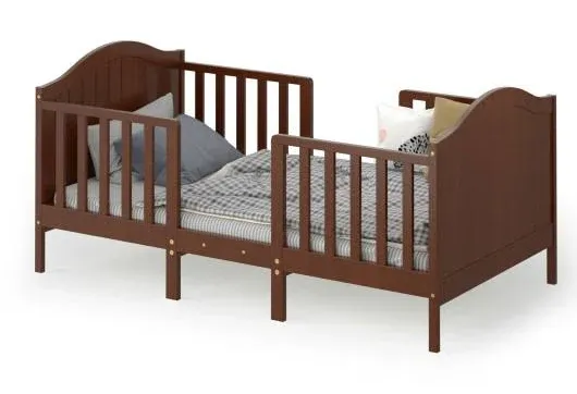 2-in-1 Classic Convertible Wooden Toddler Bed with 2 Side Guardrails for Extra Safety