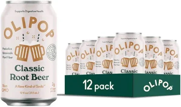 OLIPOP - Prebiotic Soda Pop, Classic Root Beer, 12oz (12-Cans), Gluten Free, Vegan, GMO Free