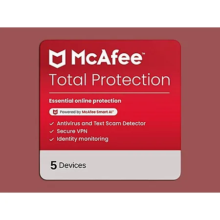 1-Year McAfee Total Protection w/ VPN, Anti-Virus, & Identity Monitoring (5 Devices, Digital Delivery) $11