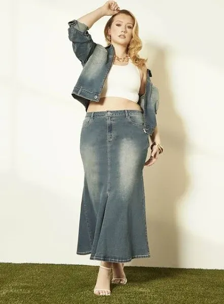 Ashley Stewart Plus Size Split Front Denim Maxi Skirt