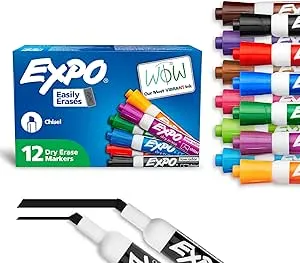 EXPO - Low Odor Dry Erase Markers, Chisel Tip, 12 Count, Assorted Colors