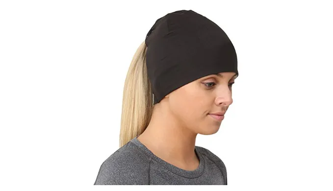 TrailHeads Ponytail Hat – Adrenaline Series | Womens Running Beanie with Reflective Accents | Black Skull Cap