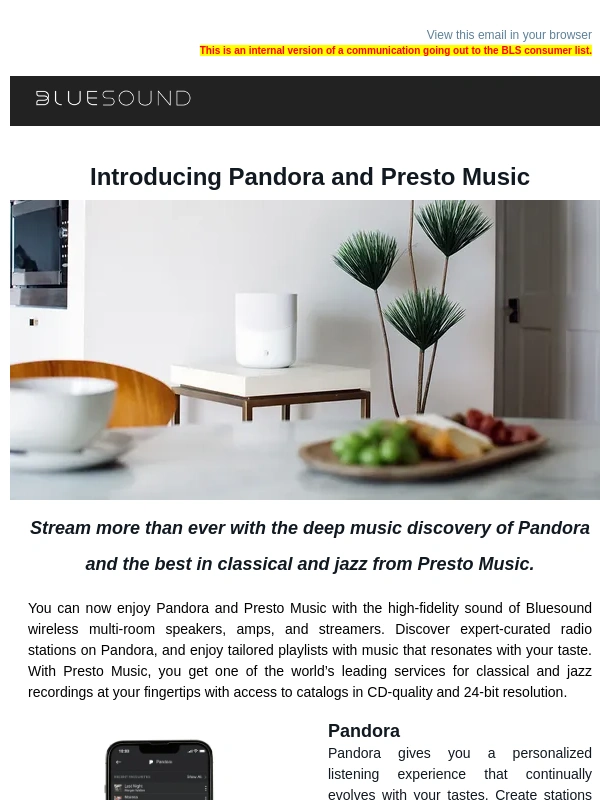 Bluesound - Pandora and Presto Music Now Available on Bluesound
