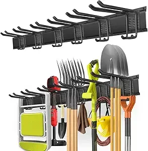 Garage Organization Wall Mount with 48 inches Rails and 6 Double-layer Hooks, Heavy Duty Garden Tool Rack, Hanging Storage Rack For Yard Tools, Shed