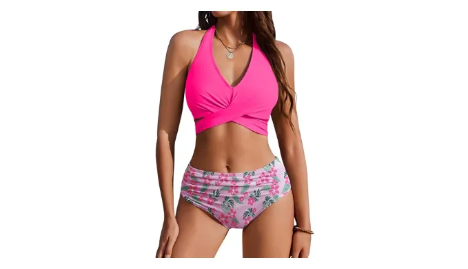 AIMAGE Womens High Waisted Bikini Sets Tummy Control Bathing Suits Halter Two Piece Swimsuit Modest Bikini 2025 Pink Floral S