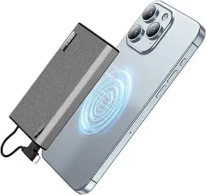 Magnetic Portable Charger with Built-in Cable, 10000mAh Ultra Slim Mag-Safe Battery Pack, 0.5.in 6.4oz Mini Power Bank, 20W PD USB-C Two-Way Charging, Compatible with iPhone 15/14/13/12 (Gray)
