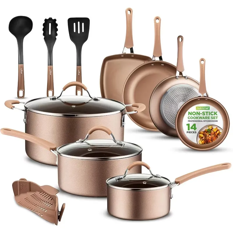 Non-Stick - Cookware Set, 14-Piece Set, Heat-Resistant, Golden Interior