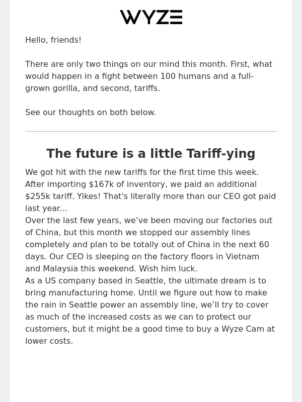 Wyze - April News: Backyard Explosions,Tariff Talk,and Gorilla vs. Man