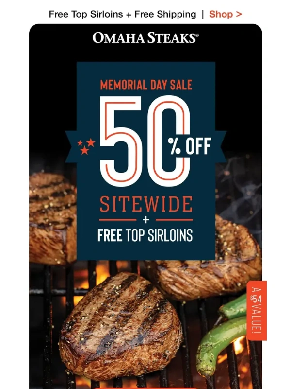 Omaha Steaks - 50% OFF + 4 FREE top sirloins!