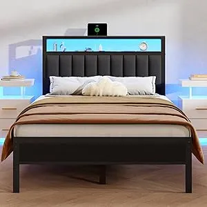 Furnulem Full Size Bed Frame with Charging Station and LED Lights with Metal Slats, Grey Upholstered Headboard, 2-Tier Storage Shelves, No Box Spring Needed (82.28"L x 54.72"W x 43.31"H)