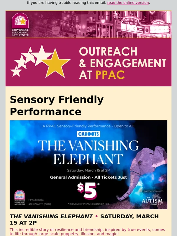 PPAC - THE VANISHING ELEPHANT Sensory Friendly Performance is just $5!