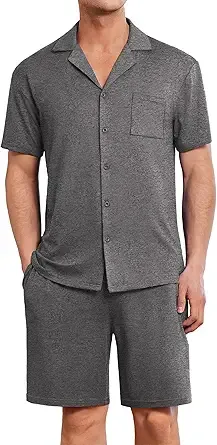 Ekouaer Mens Pajamas Set Short Sleeve Sleepwear Button Down Soft Loungewear 2 Piece Pj Shorts Sets with Pockets Dark Grey L