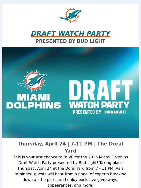 Dolphins - Last Chance to Claim Tickets: Dolphins Draft Watch Party