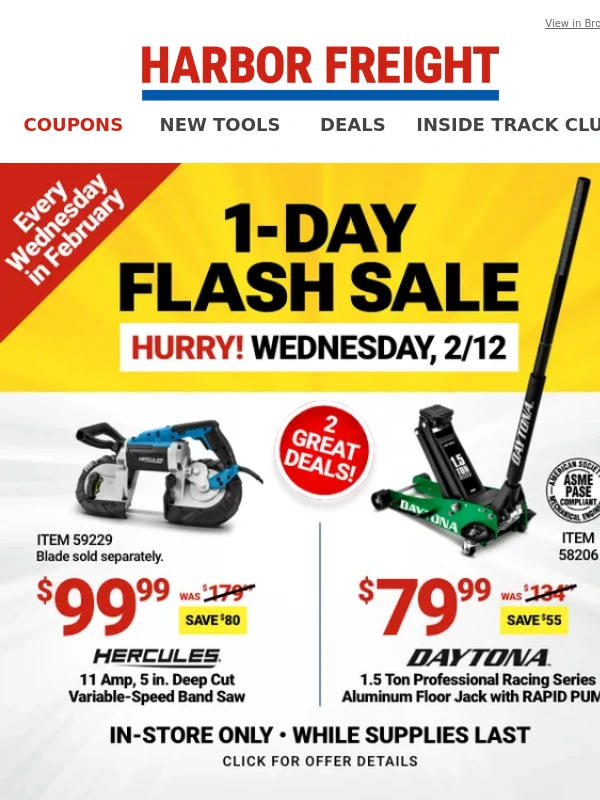 Harbor Freight - 1-DAY FLASH SALE on HERCULES Band Saw & DAYTONA Floor Jack!