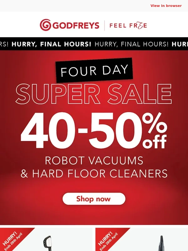 Godfreys - Last Chance! 40-50% Off Robot Vacs and Hard Floor Cleaners ⏰
