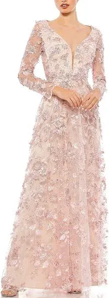 Mac Duggal Women's Floral Applique Long Sleeve Illusion Gown