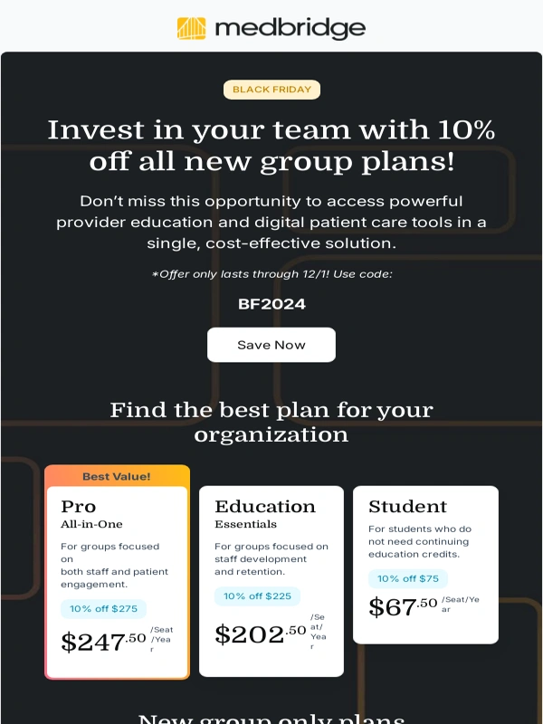 Medbridge - Black Friday Starts Now! 10% Off All New Group Plans