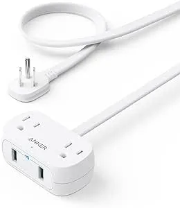 Anker USB Power Strip, 5 ft Thin Cord and Flat Plug, Small Power Strip with 2 Outlets and 2 USB Charger, Safety System for Desktop Charging, Compact for Cruise Ship, Travel, Desk, and Home Office