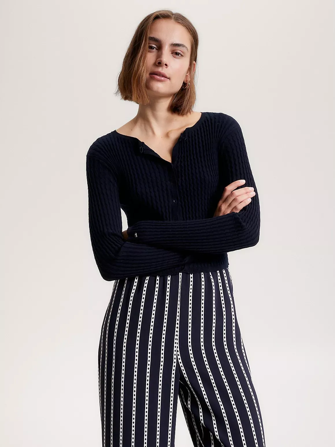 Tommy Hilfiger Women's Cable Knit Cropped Sweater - Blue - L