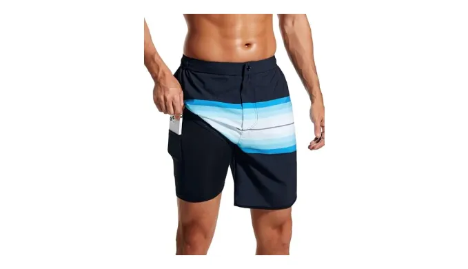 SILKWORLD Mens Swim Trunks Front Zipper Fly Quick Dry Beach Shorts with Compression Liner and Back Zipper Pockets, (1-Navy & Blue Stripe), Small