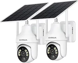 SEHMUA 2K Solar Security Cameras Wireless Outdoor, 2 Pack 360° View Pan/Tilt WiFi Security Camera Outside with Color Night Vision,Easy to Install, PIR Alarm, 2-Way Audio