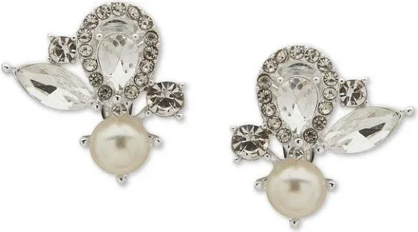 Anne Klein Women's Silver-Tone Crystal & Imitation Pearl Cluster Stud Clip-On Earrings